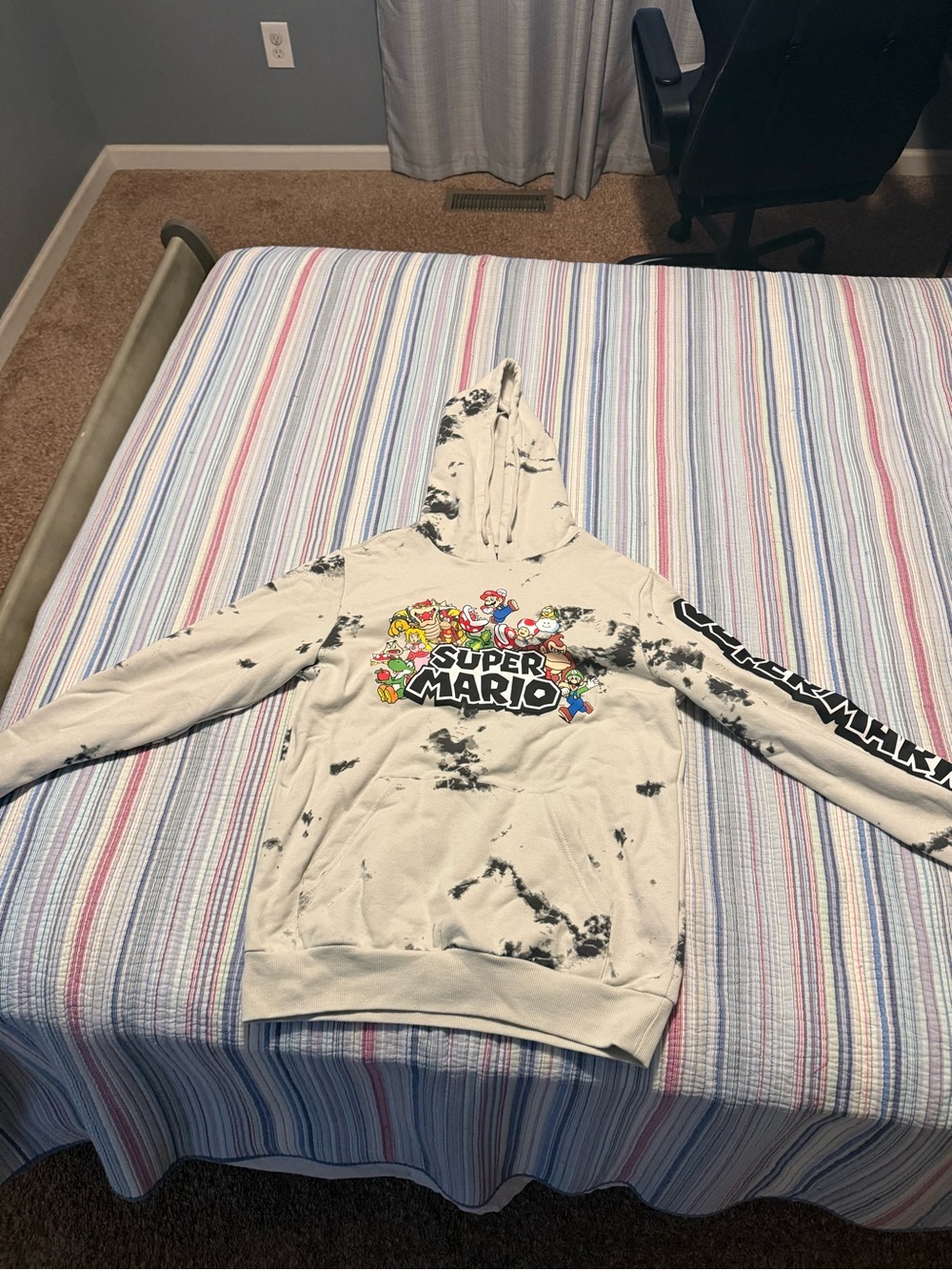 Nintendo Super Mario Beige Tie-Dye Hoodie with Black Accents